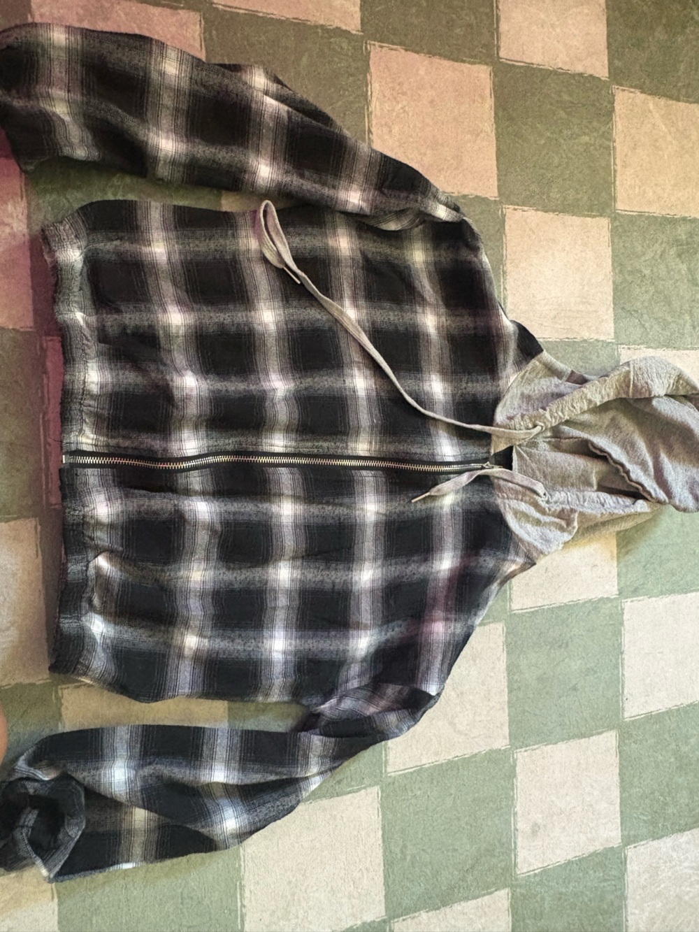 SHEIN Black and Gray Plaid Zip Hoodie